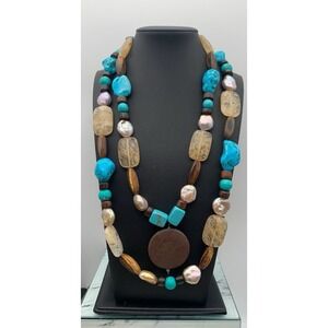 Vintage Chunky Weighty Baroque Pearl Wood & Dyed Howlite Stone 2‎ Layer Necklace